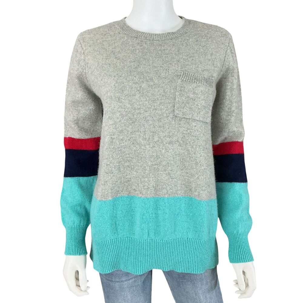 WoolOvers Colorblock Wool Pocket Sweater Womens M Grey Turquoise Loose Fit Tunic
